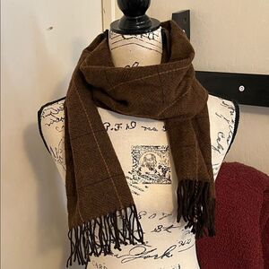 Brooks Brother Camel Hair Brown Design Fringe Scarf Made In USA Work Academia